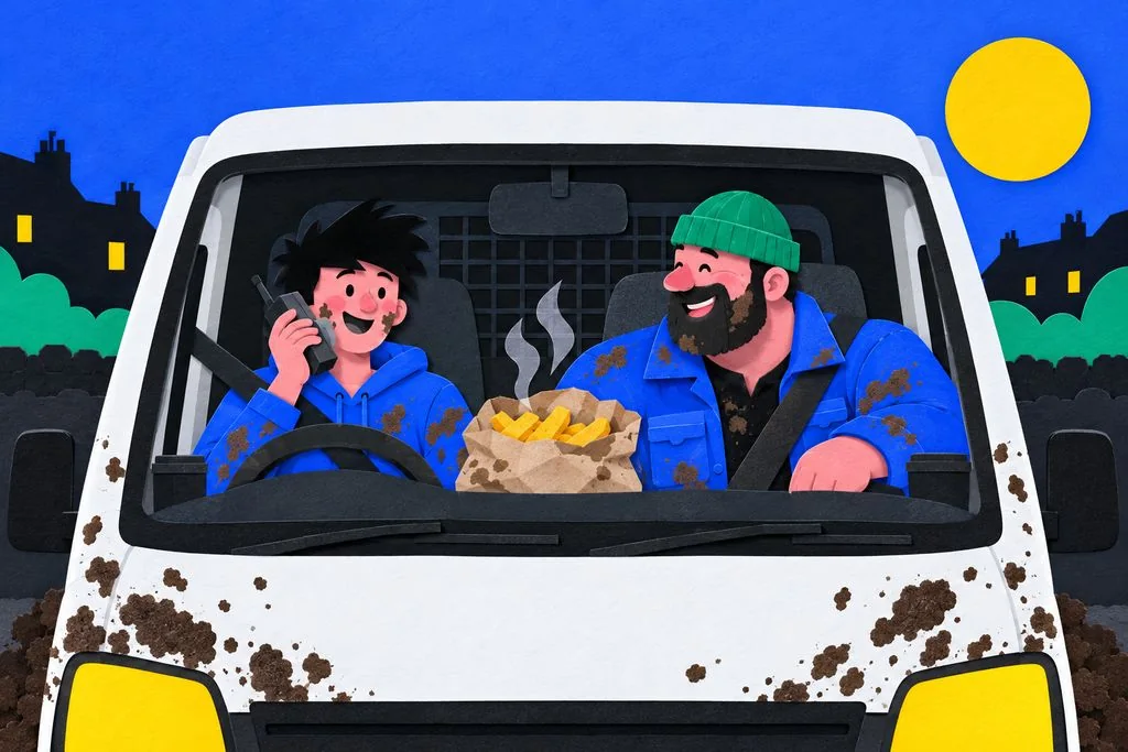 The van home, with the heaters on full blast and a bag of chips between us.