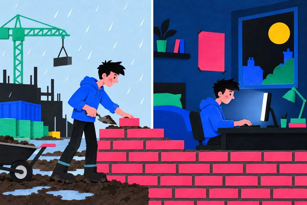 Laying bricks at dawn and freelancing until the early hours.