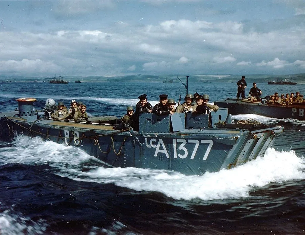LCA 1377 in 1944. US Navy photograph, public domain.. Priority Seat.