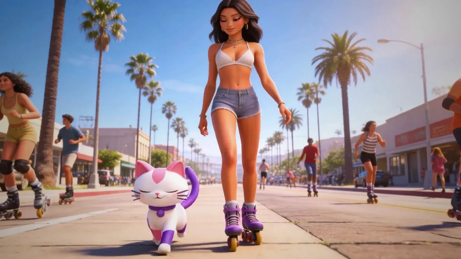 Rollerblading with the cat mascot. MIAU Creator Platform.
