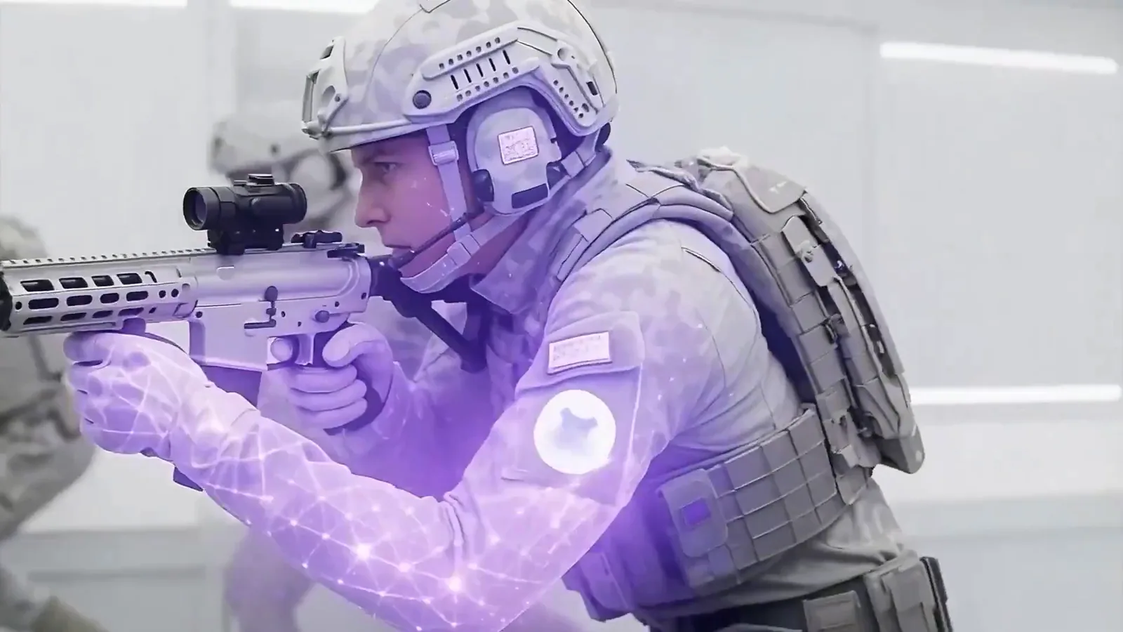 Soldier with purple hex mesh. MotionDev.