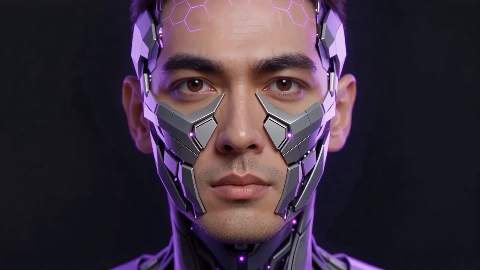 Cyborg face close-up. MotionDev.