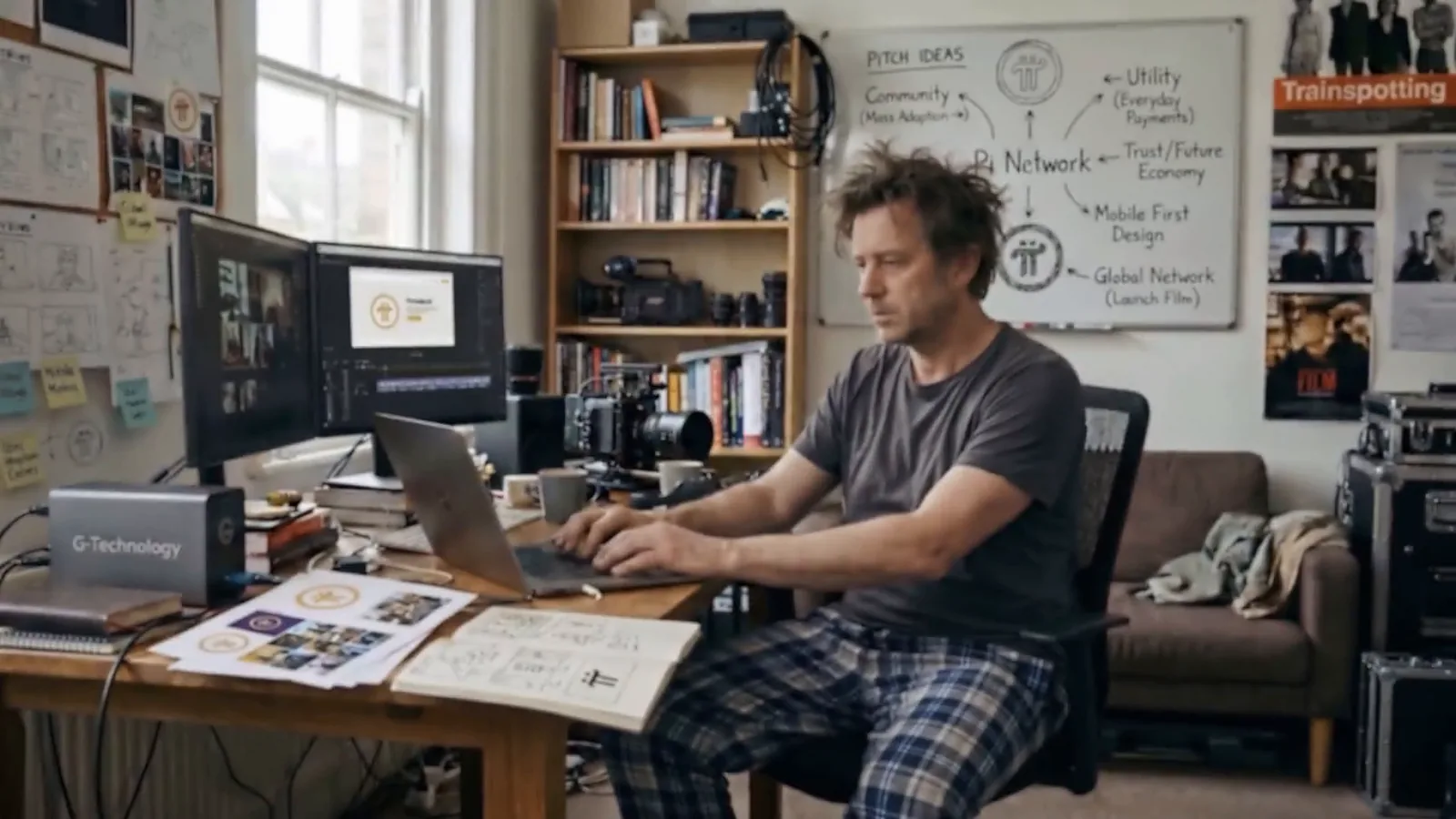 At the desk in pyjamas. The Pi Network pitch.