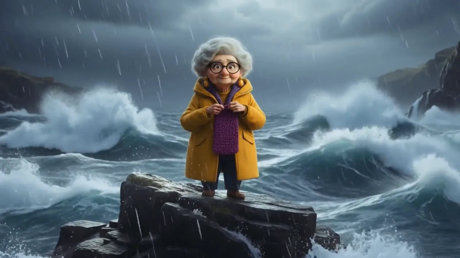 Grandma on a rock at sea. Zigchain x Pineapple.